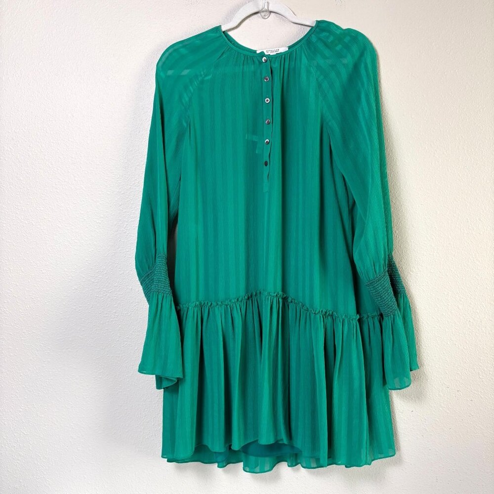 Derek Lam 10 Crosby Crinkled Striped Mini Dress Size 8 Green Silk Long Sleeves‎